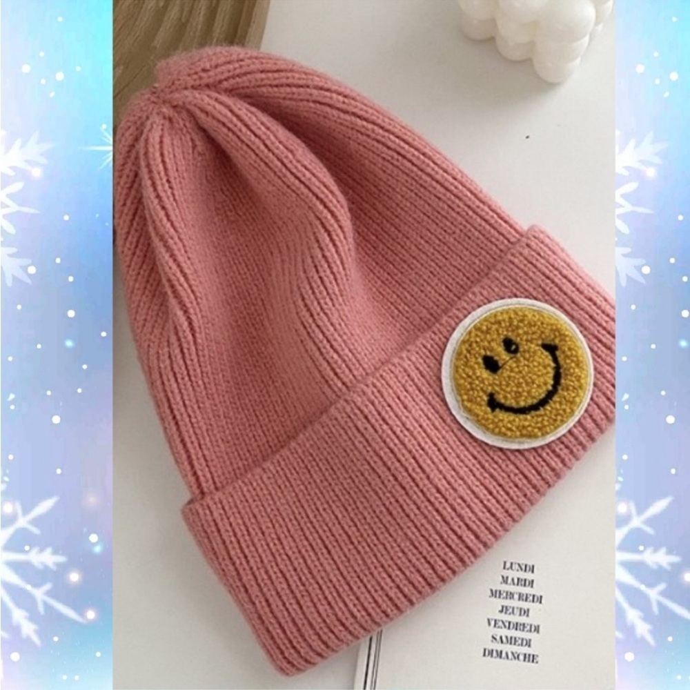 LAST ONE! Ribbed Knit Smiley Face Beanie Hat In Pink